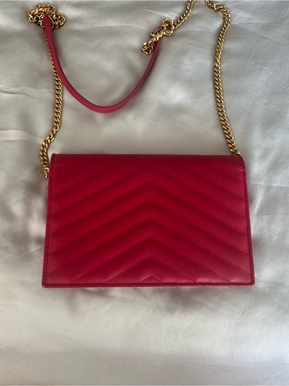 YSL CASSANDRE ENVELOPE CHAIN WALLET IN LAMBSKIN-Hot Pink - Picture 7 of 13